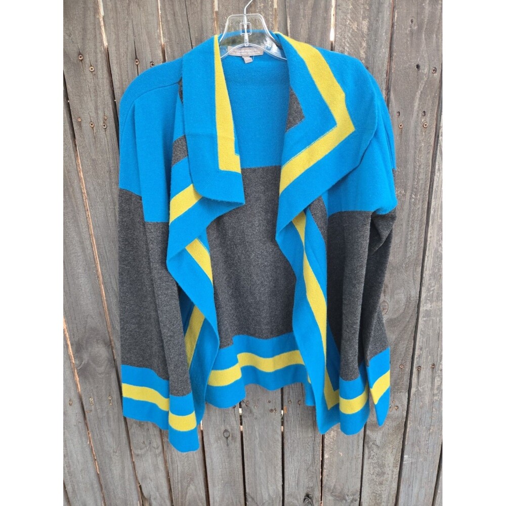 Neiman Marcus Cashmere Cardigan Sweater M Blue Gray Striped Open Drape Front